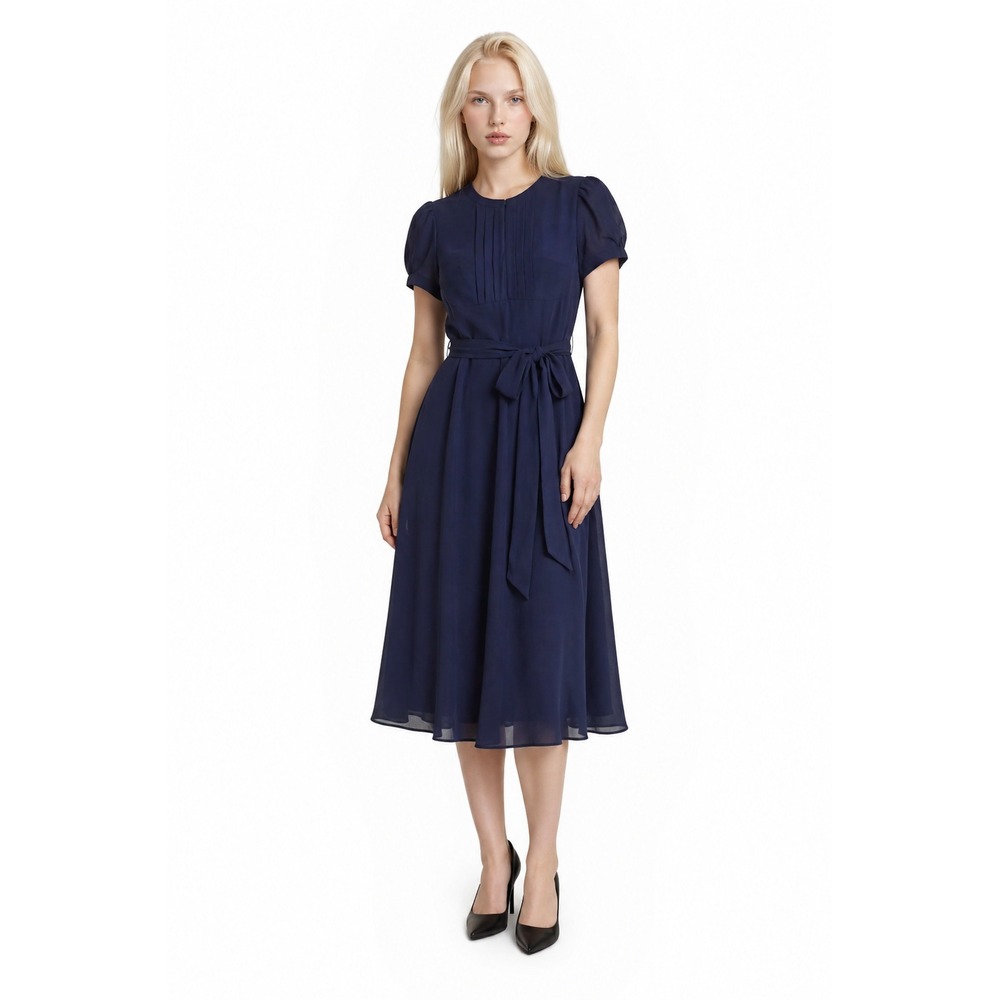 NEW JJs House Cocktail Dress Women's Size 16W Navy Chiffon Puff Sleeve Pleated